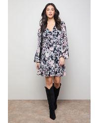 Oasis - Printed Pleated Skirt Long Sleeve Mini Dress - Lyst