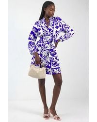 Msn-Collection - Floral V-Neck Mini Shirt Dress With Belt - Lyst