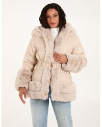 Blue Vanilla - Faux Fur Trim Belted Puffer Coat - Lyst