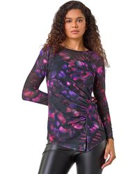 Roman - Blurred Print Ruched Stretch Mesh Top - Lyst