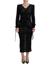Dolce & Gabbana - Zwarte Mesh Jurk Met Ruches En Lange Mouwen - Lyst