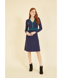 Yumi' - Knitted Dress With Contrast Waistband And Button Detail Viscose - Lyst