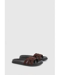 Boohoo - Faux Suede Cut Out Woven Strap Detail Sliders - Lyst