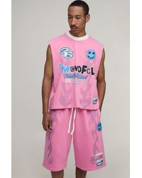 BoohooMAN - Oversized Boxy Moto Graphic Tank And Jort Set - Lyst