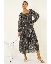 Roman - Abstract Spot Shirred Midi Dress - Lyst