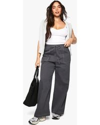 Boohoo - Plus Cotton Twill Drawstring Waist Wide Leg Trouser - Lyst