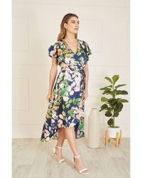 Mela London - Floral Satin Wrap Over Midi Dress With Frill Sleeve - Lyst