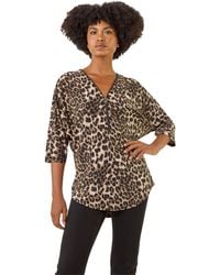 Roman - Animal Print Zip Front Stretch Top - Lyst