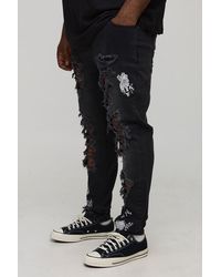 BoohooMAN - Plus Floral Embroidered Ripped Skinny Jeans - Lyst