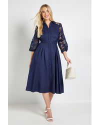 Wallis - Petite Cotton Lace Belted Shirt Dress - Lyst