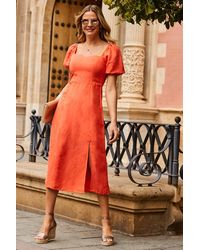 Sosandar - Coral Linen Fit & Flare Midi Dress - Lyst