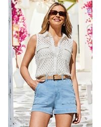 Sosandar - Ivory Broderie Cotton Sleeveless Shirt - Lyst