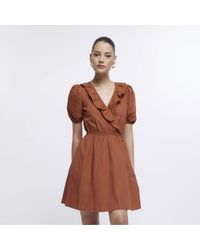 River Island - Wrap Mini Dress Frill Puff Cotton - Lyst