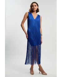 Karen Millen - Fringe Bandage V Neck Knit Midi Dress - Lyst