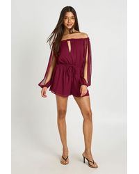 Boohoo - Chiffon Bardot Volume Sleeve Playsuit - Lyst