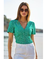 Sosandar - Spot Print Ruched Front Top Denim - Lyst