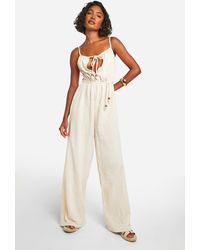 Boohoo - Tall Cheesecloth Strappy Belted Wide Leg Jumpsuit - Lyst