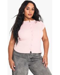 Boohoo - Plus Rib Button Through Cap Sleeve Top - Lyst