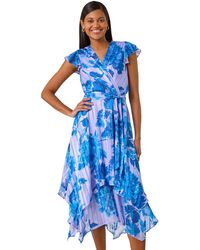 Roman - Floral Frill Midi Wrap Dress - Lyst