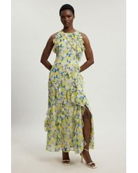 Karen Millen - Crinkle Georgette Ruffle Detail Halter Neck Woven Maxi Dress - Lyst
