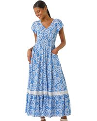 Roman - Tile Print Shirred Waist Maxi Dress - Lyst