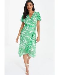 Quiz - Green Chiffon Floral Wrap Midi Dress - Lyst