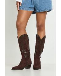 Boohoo - Faux Suede Contrast Detail Knee High Western Boots - Lyst
