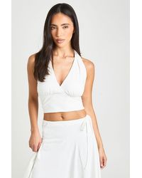 Boohoo - Wrap Front Cinched Waist Halter Top - Lyst
