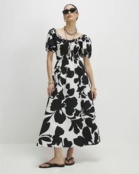 River Island - Midi Dress Monochrome Floral Round Neck Cotton - Lyst