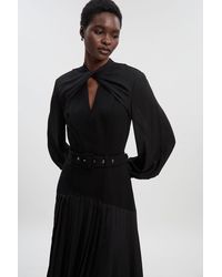 Karen Millen - Ponte And Georgette Mix Balloon Sleeve Cut Out Detail Pleated Maxi Dress - Lyst