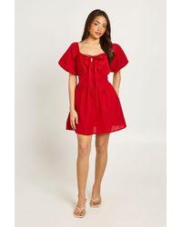Boohoo - Linen Look Volume Sleeve Mini Dress - Lyst