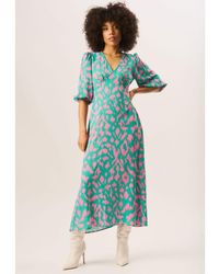 Gini London - Groene Midi-jurk Met V-hals En Dierenprint - Lyst