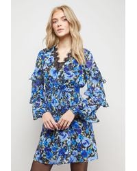 Oasis - Printed Lace Detail Frill Sleeve Mini Dress - Lyst