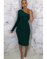 Femme Luxe - One Shoulder Ruched Slinky Midi Dress - Lyst