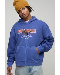 BoohooMAN - Oversized Boxy Zip Through Eagle Washed Printed Hoodie Cotton - Lyst