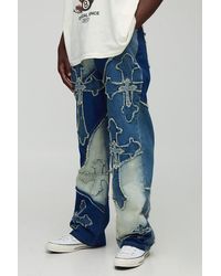 BoohooMAN - Tall Frayed Cross Applique Relaxed Fit Jeans - Lyst