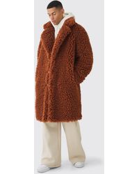 BoohooMAN - Oversized Longline Borg Overcoat In Brown - Lyst