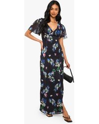 Boohoo - Floral Angel Sleeve Chiffon Plunge Maxi Dress - Lyst