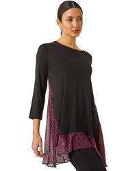 Roman - Animal Print Contrast Mesh Hem Stretch Top - Lyst