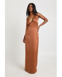 Boohoo - Satin Plunge Maxi Dress With Neck Tie - Lyst