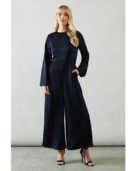Wallis - Petite Trumpet Sleeve Wide Leg Crepe Jumpsuit - Lyst