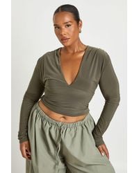 Boohoo - Plus Deep Plunge Long Sleeve Top - Lyst