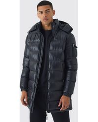 BoohooMAN - Longline High Shine Hooded Puffer Jacket In Black - Lyst