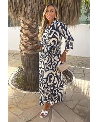 AX Paris - And Cream Abstract Print 3/4 Sleeve Tie Waist Shirt Midi Dress - Lyst