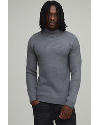BoohooMAN - Tall Muscle Fit Ribbed Roll Neck Knitted Jumper - Lyst