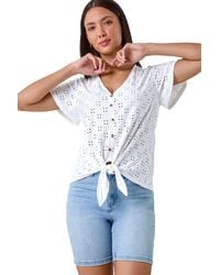 Roman - V-Neck Broderie Stretch Jersey Tie Front Top - Lyst
