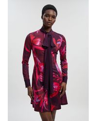 Karen Millen - Floral Print Crepe Tie Neck Long Sleeve Mini Dress - Lyst