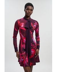 Karen Millen - Floral Print Crepe Tie Neck Long Sleeve Mini Dress - Lyst