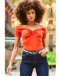 Sosandar - Rib Twist Front Bardot Jersey Top - Lyst
