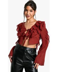 Boohoo - Chiffon Ruffle Tie Crop Blouse - Lyst